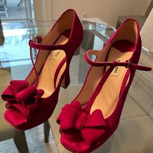 Miu Miu Red Velvet Bow Mary Jane Platform Heels